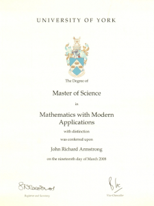 My degree certificate showing I have the mathematical knowledge to be an A Level Maths Tutor