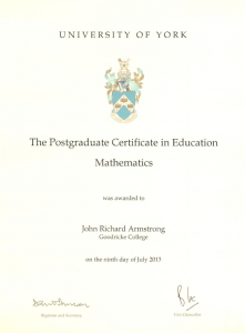 My PGCE certificate showing I am a UK qualified teacher and tutor of maths
