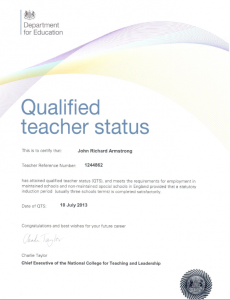 My QTS certificate showing I am qualified to teach and tutor A Level Maths and further maths